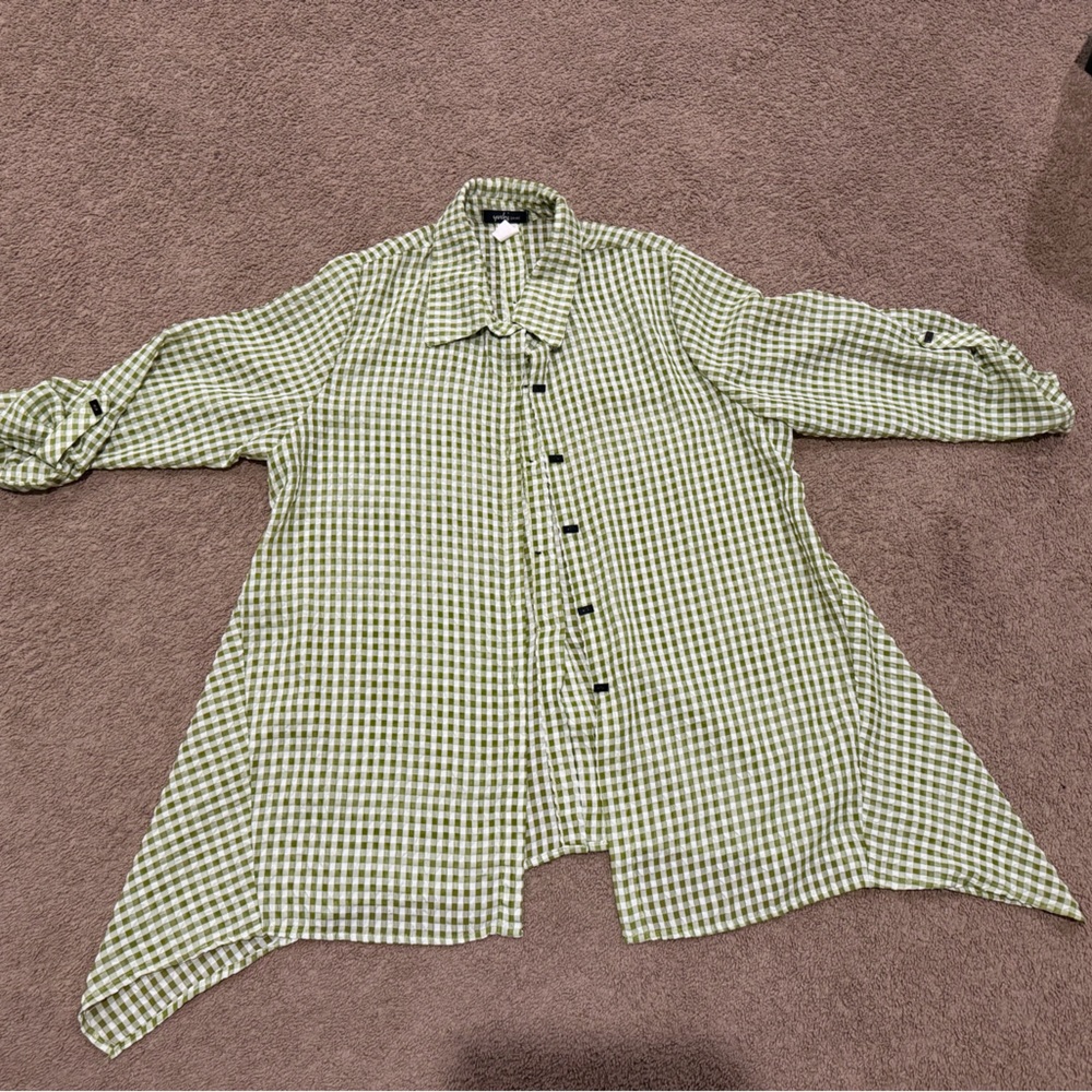 Green Checkered Button Down Long Flowy Shirt - image 1